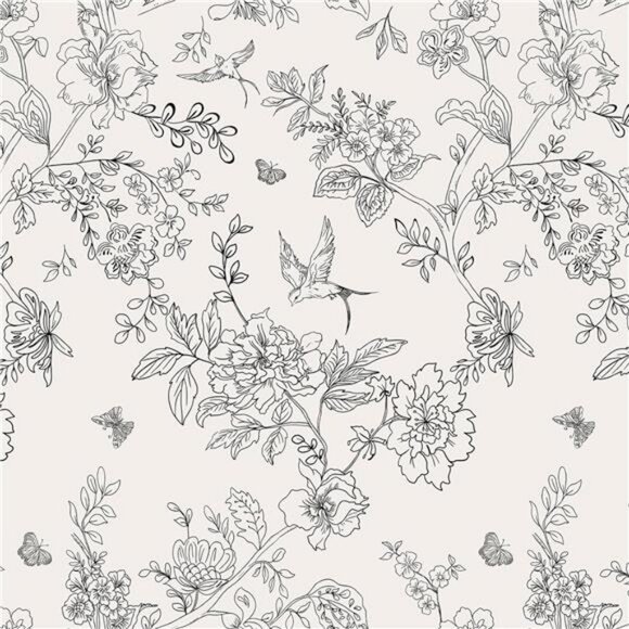 17.7x118.1" Black and Cream White Floral Peel and Stick Floral Contact Wallpaper - Picture 1 of 6